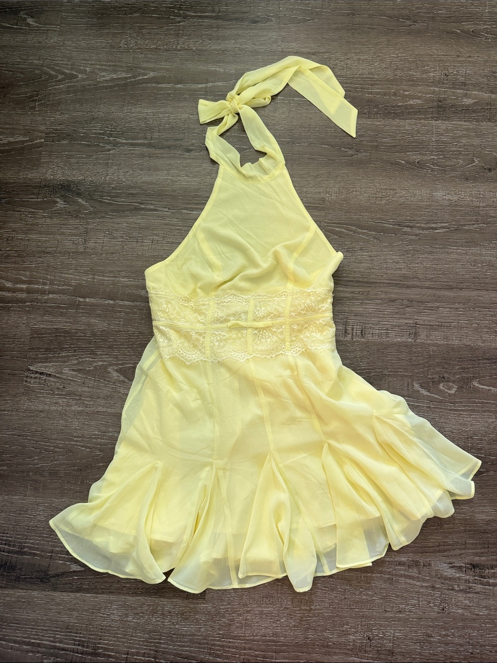 Hello Molly Yellow Lace-Trim Halter Mini Dress